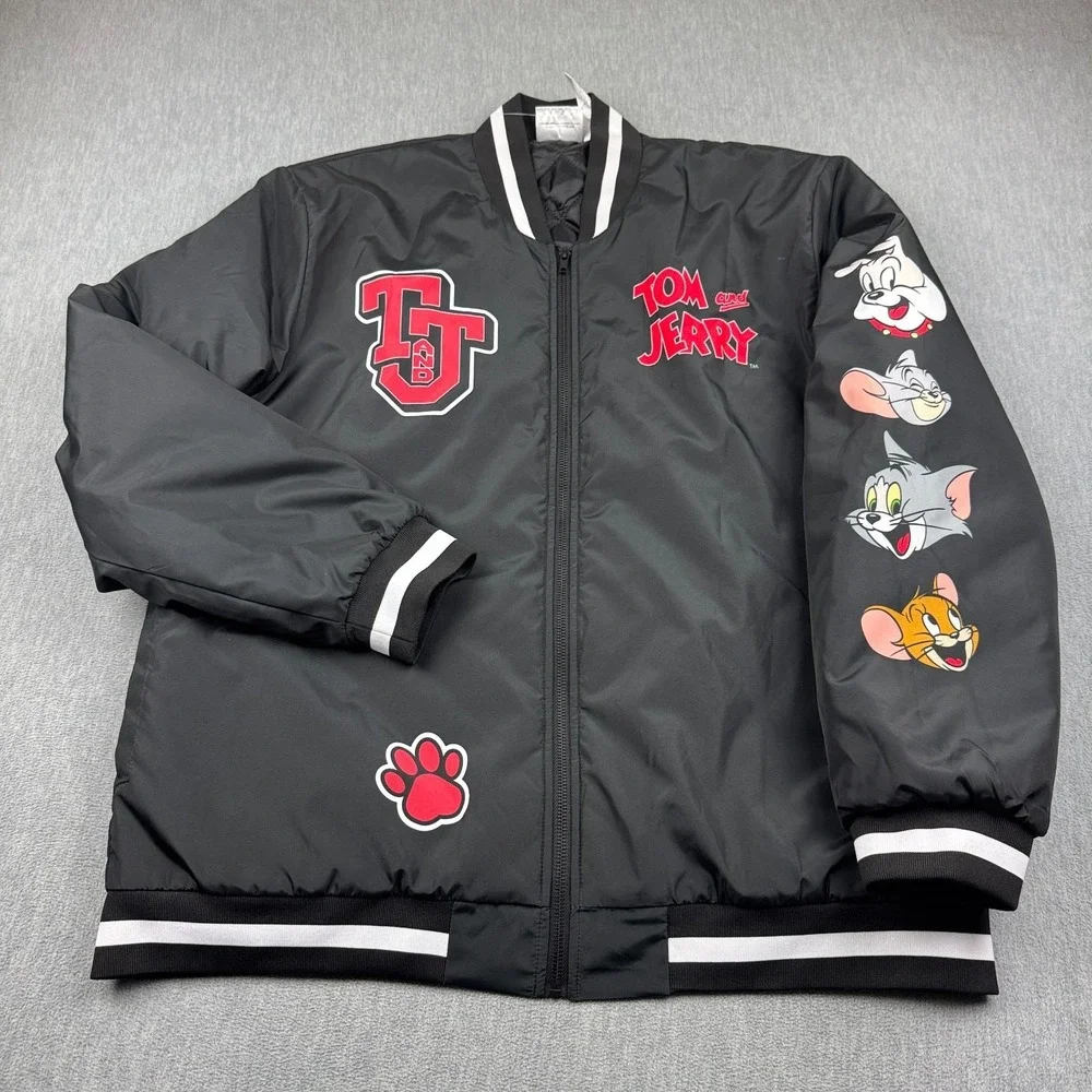 Warner Bros Tom & Jerry Varsity Jacket Mens Large Black Lightweight Graphic Coat